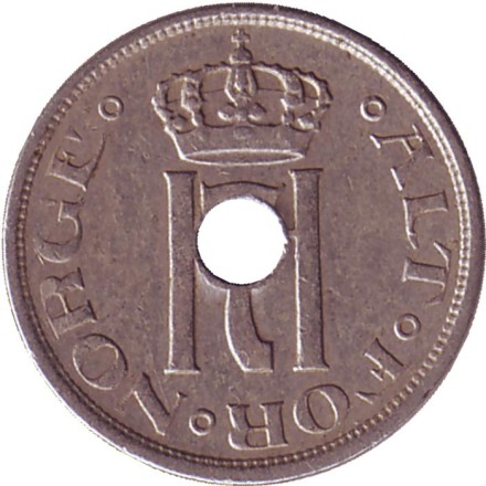 Монета 25 эре. 1923 год, Норвегия. (Круг с отверстием).