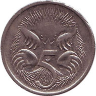 Монета 5 центов. 1989 год, Австралия. Ехидна. Монета 5 центов. 1989 год, Австралия. Ехидна.