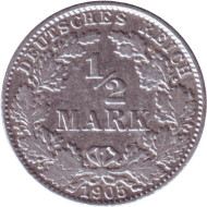 Монета 1/2 марки. 1905 год (D), Германская империя. Монета 1/2 марки. 1905 год (D), Германская империя.
