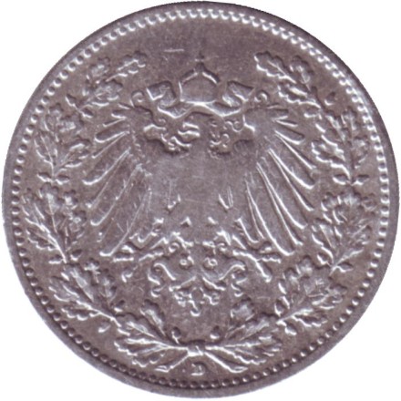 Монета 1/2 марки. 1905 год (D), Германская империя. Монета 1/2 марки. 1905 год (D), Германская империя.