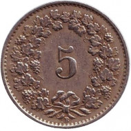 Монета 5 раппенов. 1925 год, Швейцария. Монета 5 раппенов. 1925 год, Швейцария.