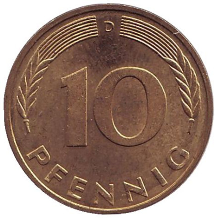 Монета 10 пфеннигов. 1992 год (D), ФРГ. Дубовые листья.