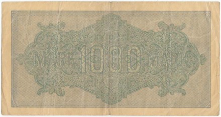 Рейхсбанкнота 1000 марок. 1922 год, Веймарская республика. Жёлтая бумага. Водяной знак - шипы. Серийный номер - Две буквы, шесть цифр (красные,большие), две буквы. Тип 76d.