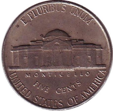 Монета 5 центов. 1957 год, США. Джефферсон. Монтичелло.