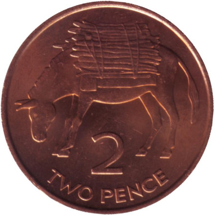 Монета 2 пенса. 1984 год, Острова Святой Елены и Вознесения. Ослик.