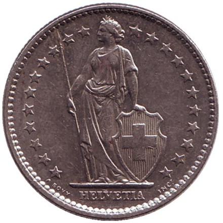 Монета 2 франка. 1977 год, Швейцария. Гельвеция. Монета 2 франка. 1977 год, Швейцария. Гельвеция.