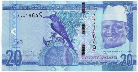 Банкнота 20 даласи. 2015 год, Гамбия. Яйя Джамме.
