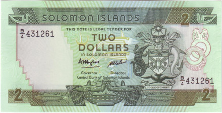 Банкнота 2 доллара. 1986 год, Соломоновы острова.