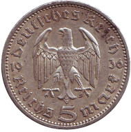 Монета 5 рейхсмарок. 1936 год, Германия (Третий Рейх). (A). Старый тип. Монета 5 рейхсмарок. 1936 год, Германия (Третий Рейх). (A). Старый тип.