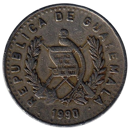 Монета 25 сентаво. 1990 год, Гватемала. Индианка.