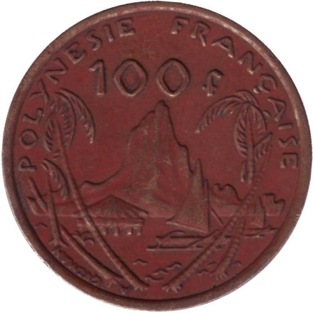 Монета 100 франков. 2005 год, Французская Полинезия. Скалистый остров Муреа.