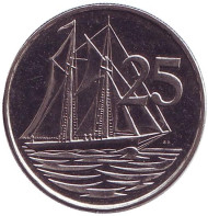 Монета 25 центов. 2002 год, Каймановы острова. Парусник.