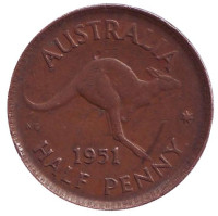 Кенгуру. Монета 1/2 пенни. 1951 год, Австралия. (Точка после "PENNY")