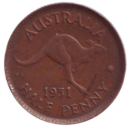 Монета 1/2 пенни. 1951 год, Австралия. (Точка после "PENNY") Кенгуру.
