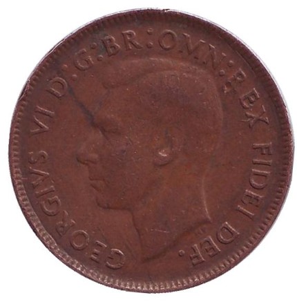 Монета 1/2 пенни. 1951 год, Австралия. (Точка после "PENNY") Кенгуру.