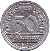 Монета 50 пфеннигов. 1921 год (J), Веймарская республика. Монета 50 пфеннигов. 1921 год (J), Веймарская республика.