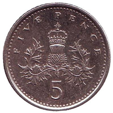 Монета 5 пенсов. 2002 год, Великобритания.