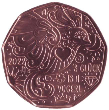  Птица счастья. Монета 5 евро. 2022 год, Австрия.