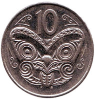 Монета 10 центов. 2000 год, Новая Зеландия. Маска маори. Монета 10 центов. 2000 год, Новая Зеландия. Маска маори.
