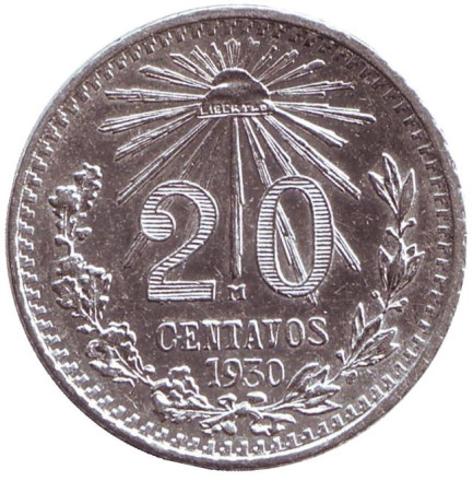 Монета 20 сентаво. 1930 год, Мексика.