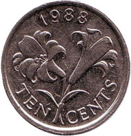 Монета 10 центов. 1988 год, Бермудские острова. Бермудская лилия. Монета 10 центов. 1988 год, Бермудские острова. Бермудская лилия.