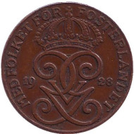 Монета 2 эре. 1928 год, Швеция. Монета 2 эре. 1928 год, Швеция.