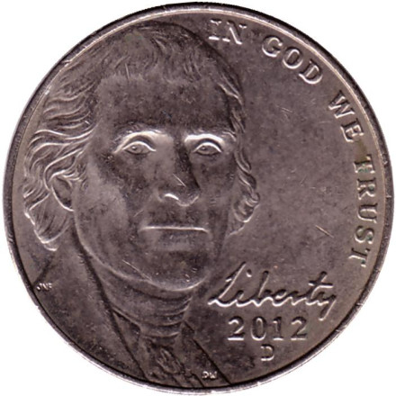 Монета 5 центов. 2012 год (D), США. Джефферсон. Монтичелло.