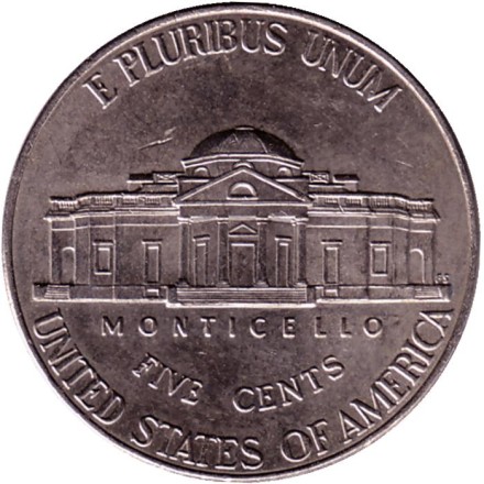Монета 5 центов. 2012 год (D), США. Джефферсон. Монтичелло.