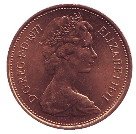 Монета 2 новых пенса. 1971 год, Великобритания. UNC. Монета 2 новых пенса. 1971 год, Великобритания. UNC.