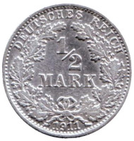 Монета 1/2 марки. 1911 год (A), Германская империя. Монета 1/2 марки. 1911 год (A), Германская империя.