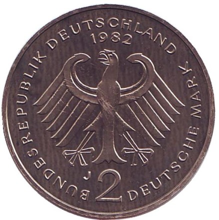 Монета 2 марки. 1982 год (J), ФРГ. Конрад Аденауэр. Монета 2 марки. 1982 год (J), ФРГ. Конрад Аденауэр.
