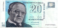 Банкнота 20 марок. 1993 год, Финляндия. Вяйнё Линна. (Litt.A). Из обращения. Банкнота 20 марок. 1993 год, Финляндия. Вяйнё Линна. (Litt.A). Из обращения.