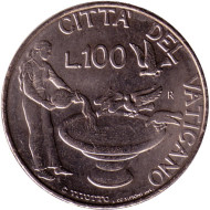 Монета 100 лир. 1997 год, Ватикан. Женщина наполняет чашу для птиц. Монета 100 лир. 1997 год, Ватикан. Женщина наполняет чашу для птиц.