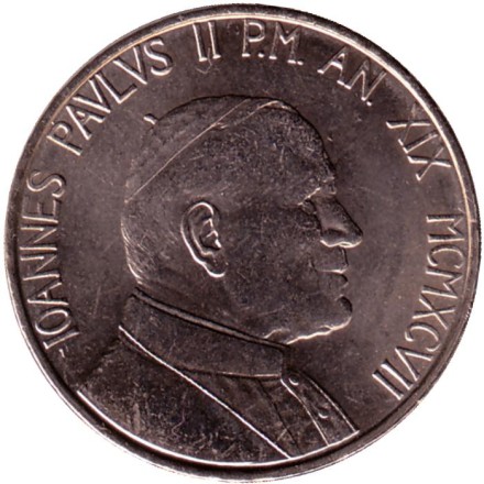 Монета 100 лир. 1997 год, Ватикан. Женщина наполняет чашу для птиц.