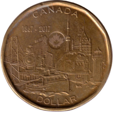 Монета 1 доллар. 2017 год, Канада. 150 лет Конфедерации Канада. Объединённая нация. Из обращения.