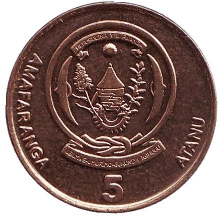 Монета 5 франков. 2009 год, Руанда. Цветок кофейного дерева. Монета 5 франков. 2009 год, Руанда. Цветок кофейного дерева.