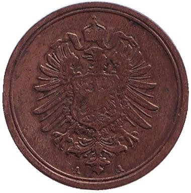 Монета 1 пфенниг. 1877 год (A), Германская империя. Монета 1 пфенниг. 1877 год (A), Германская империя.
