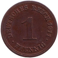 Монета 1 пфенниг. 1911 год (E), Германская империя.