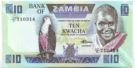 Банкнота 10 квача. 1980-1988 гг., Замбия. Тип 5. Орлан-крикун.