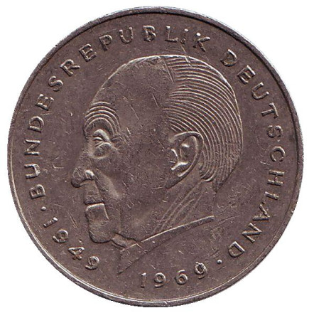 Монета 2 марки. 1983 год (G), ФРГ. Из обращения. Конрад Аденауэр.