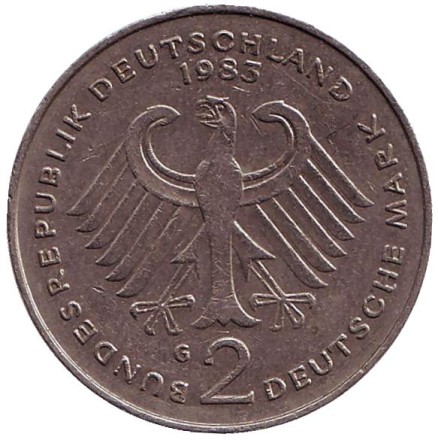 Монета 2 марки. 1983 год (G), ФРГ. Конрад Аденауэр.