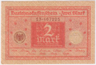 Банкнота 2 марки. 1920 год, Веймарская республика. Изображение - красный, печать - коричневый цвет. 2 и 6 цифр в нумераторе. Банкнота 2 марки. 1920 год, Веймарская республика. Изображение - красный, печать - коричневый цвет. 2 и 6 цифр в нумераторе.