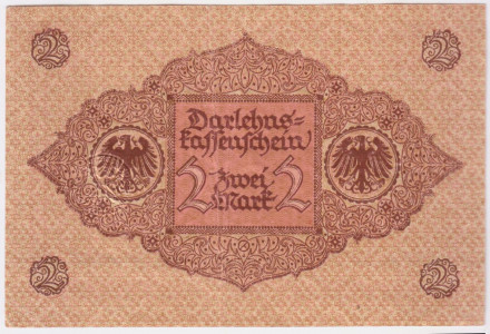 Банкнота 2 марки. 1920 год, Веймарская республика. Изображение - красный, печать - коричневый цвет. 2 и 6 цифр в нумераторе.