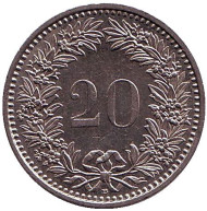 Монета 20 раппенов. 1987 год, Швейцария. Монета 20 раппенов. 1987 год, Швейцария.