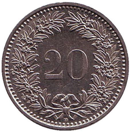 Монета 20 раппенов. 1987 год, Швейцария.