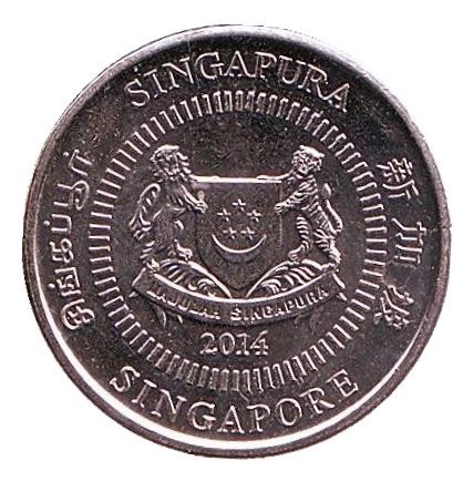 Монета 10 центов. 2014 год, Сингапур. Архитектура. Монета 10 центов. 2014 год, Сингапур. Архитектура.