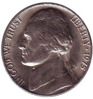 Монета 5 центов. 1975 год (P), США. Джефферсон. Монтичелло. Монета 5 центов. 1975 год (P), США. Джефферсон. Монтичелло.