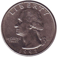 Монета 25 центов. 1993 (D) год, США. Вашингтон. Монета 25 центов. 1993 (D) год, США. Вашингтон.
