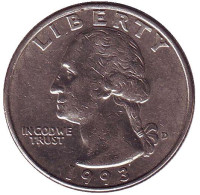 Вашингтон. Монета 25 центов. 1993 (D) год, США.