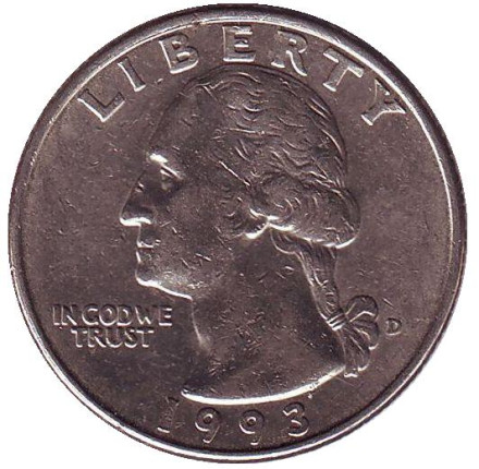 Монета 25 центов. 1993 (D) год, США. Вашингтон.